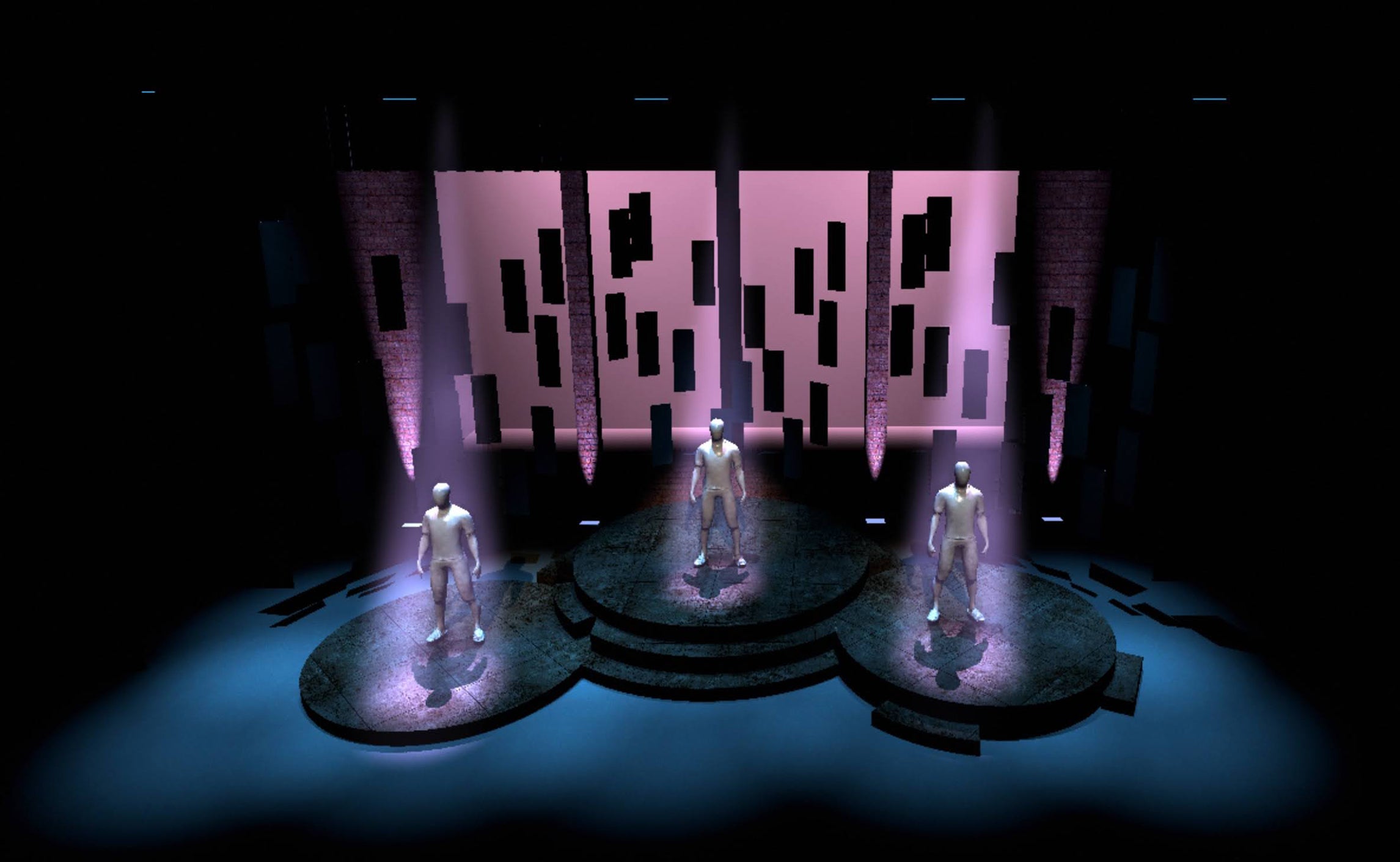 3-D model of the set with rendered figures and lights shining from above.